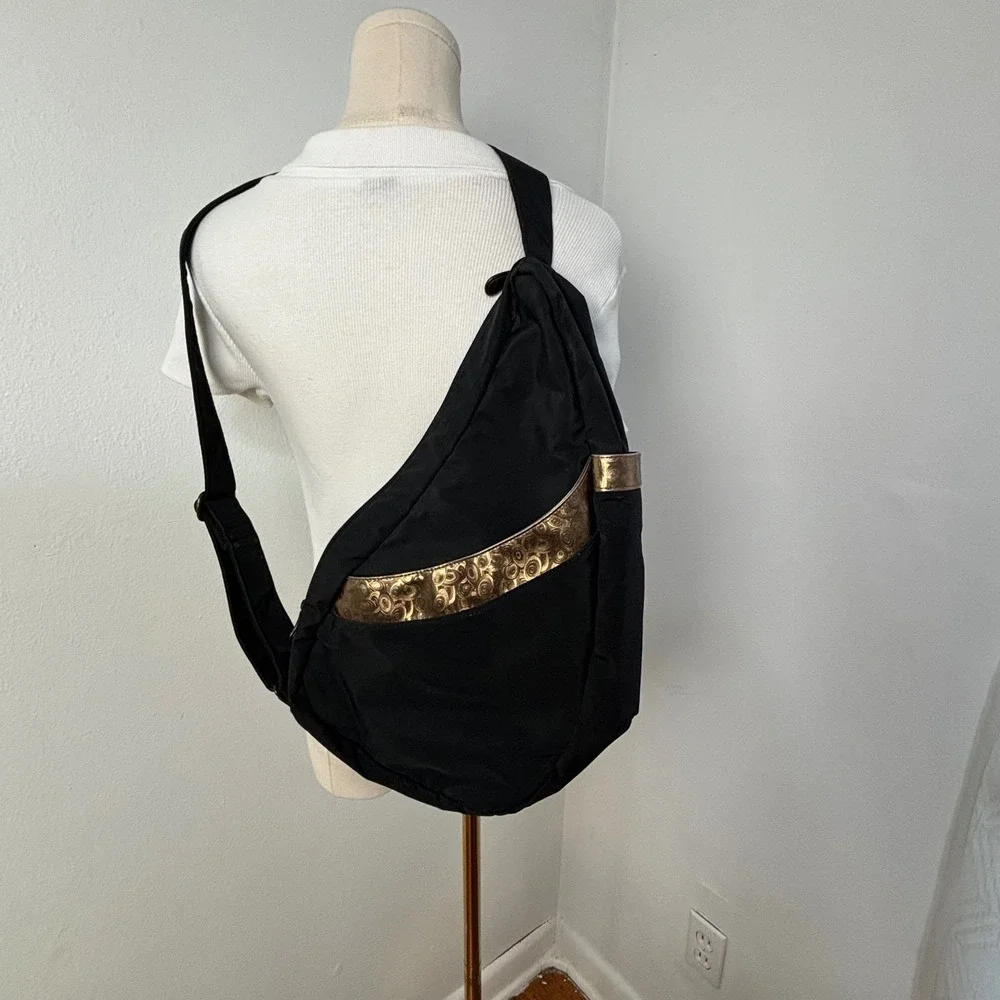 Vtg AmeriBag Healthy Back Bag Black Nylon Sling Backpack Metallic Gold Trim